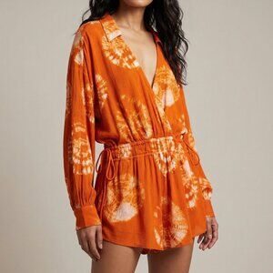 $128 FREE PEOPLE Marla burnt orange white tie dye romper M/L
